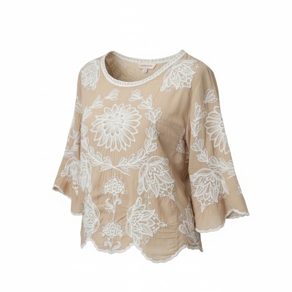 Woman's Tan Embroidered Scalloped Hem Boho Top Lg Whimsical Prairie Cottagecore - Picture 2 of 11